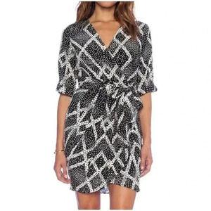 YUMI KIM 9-5 Black and White Geometric Wrap Mini Dress - size Small